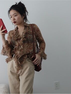 Puli Sheer Ruffle Blouse in Beige and Rust Animal Print
